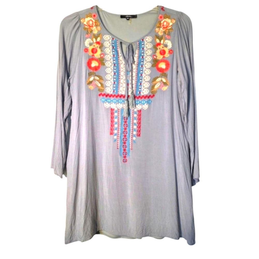 Andree By Unit Gray Tunic Mini Dress with Floral Embroidery M EUC